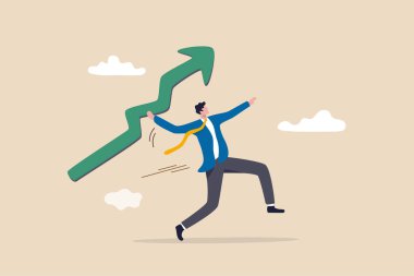 İş büyümesi ve gelişimi, yüksek kar hedefleri, borsa yükselişi, boğa piyasası veya ekonomik refah kavramı, yükselen yeşil ok cirit atan güçlü iş adamı.