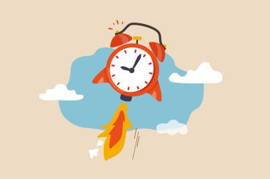 Time to start new business, entrepreneurship to launch project or time management concept, ringing alarm clock with rocket booster successfully launching high into the sky. clipart