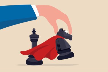 Kazanma stratejisi ya da iş rekabetindeki zafer hamlesi, başarı taktiği ya da akıllıca hareket konsepti, stratejik iş adamı el ele tutuşup süper güçlü satranç taşını kazanmak için sırayla kazanmak..