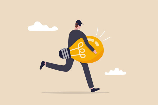 кража идеи или плагиата, пиратство на интеллектуальной собственности или нарушение концепции, вор в черном работает с идеей лампочки украсть у другого владельца.