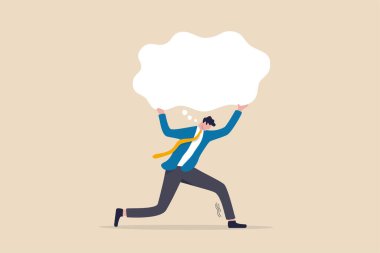 Over thinking, obsessive in work or too many problems that cannot make decision concept, tried depressed businessman carry heavy thinking bubble burden. clipart
