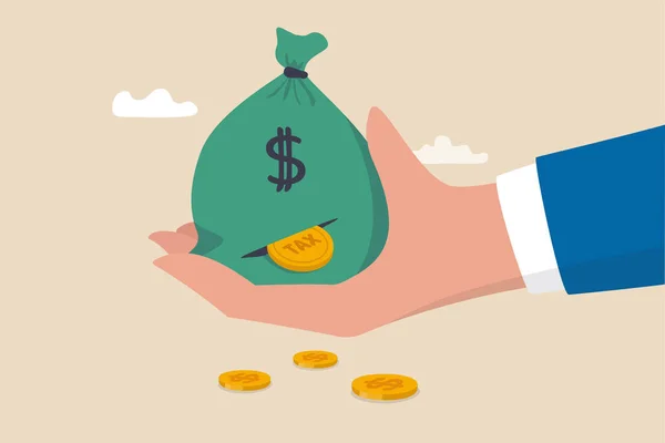 Steuerzahlung oder Verlust von Geld ohne Steuerplanungskonzept, Geschäftsmann Hand hält großen Geldbeutel der Einnahmen mit Dollar-Münzverlust mit dem Wort Steuer aufgeschlitzt. — Stockillustration Steuerzahlung Oder Verlust Von Geld Ohne Steuerplanungskonzept Geschäftsmann Hand Hält — Stockvektor