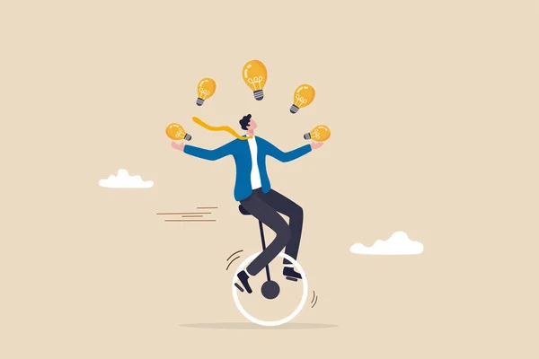 创新或创业成功的技巧 熟练的商人骑单轮杂耍灯泡灯比喻丰富的创意 — 图库矢量图片