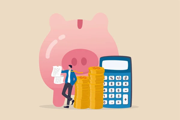 費用およびコスト計算 投資顧問または金融計画の概念 スマートビジネスマンは貯金豚銀行と計算機と請求書と予算計画を保持 — ストックベクタ