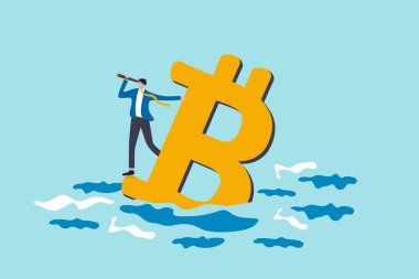 Bitcoin fiyatı düştü, kripto para değerinin geleceği ya da kripto para piyasası konseptini görme vizyonu, iş adamı bitcoin sembolünün üzerinde duruyor teleskop kullanarak geleceği görmek için..