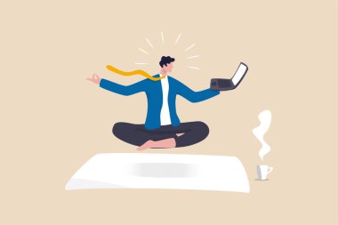 İş gurusu ya da uzmanlık, profesyonel danışman ya da danışman, problem kavramını çözmeyi düşünen zeki iş adamı, meditasyon yapan dahi iş adamı havada süzülen bilgisayar laptopuyla çalışıyor..