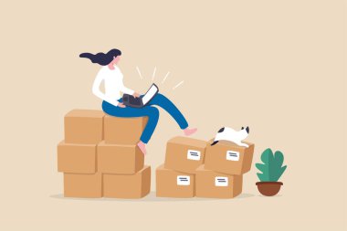 Ürün çevrimiçi, e-ticaret veya İnternet alışverişi, küçük işletme veya girişimcilik konsepti satışı, başarılı kadın girişimci kutu paketiyle birlikte oturan bilgisayardan sipariş alır.