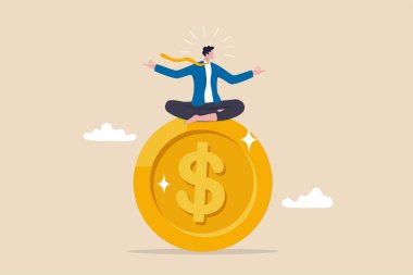 Finansal guru veya uzman, zenginlik yönetimi için davranışsal finans anlayışı, para ve yatırım danışmanı konsepti, akıllı iş adamı meditasyon yapar ve büyük altın para üzerinde yüzer..