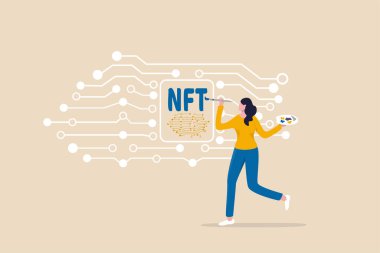 NFT 'nin finanse edilemeyen simgesi, şifreleme sanatı satmak ya da online teklif sitesinde kripto para ile eşsiz dijital varlık olarak resim yapmak, sanatçı kadının güzel dijital tuvali NFT sözcüğüyle boyaması..