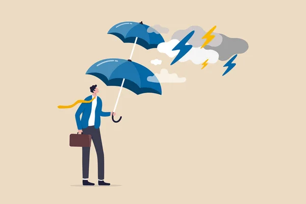雷雨のための余分な保護 ビジネス保護または保険 危機の状況の概念を生き残るための回復力またはシールド 嵐から保護するために二重の層の傘を持つビジネスマン — ストックベクタ