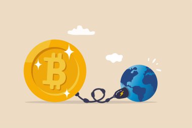 Kripto para sürdürülebilirlik problemi, bitcoin ve kripto para birimi madencilik enerji tüketimi çevre dostu kavram değil, Dünya gezegeninden enerji emen büyük bitcoin.