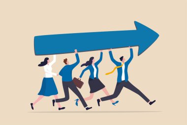 Takım başarısı ve gelişimi, aynı iş hedefini ve yönünü paylaşma, kariyer büyüme kavramına destek ve ortaklık, iş adamı ve kadın takım çalışması artan ok grafiğini taşımaya yardımcı olur.