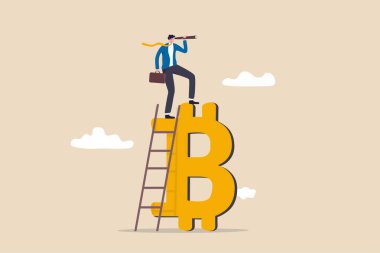 Bitcoin ve kripto para, yatırım fırsatı veya alternatif finansal varlık kavramı geleceği, iş adamı fırsat görmek için dürbünlü teleskop kullanarak Bitcoin 'in tepesine çıkıyor..