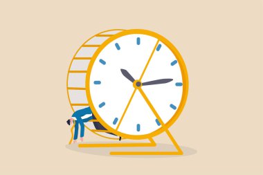 Rutin işten yorgun ve bitkin düşmüş, çok çalışmaktan yorgun düşmüş ya da tükenmiş, zaman yönetimi sorunu kavramı, yorgun denenmiş iş adamı hamster sıçanı yarışına yatmış, zaman tükeniyor..