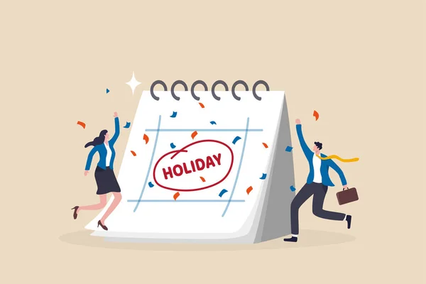 従業員が休憩や充電 従業員の感謝の日や長い休日の幸福の概念を取るために会社の休日 喜びと一緒に長い休日を祝うためにジャンプ大きなカレンダーを持つビジネスの人々 — ストックベクタ