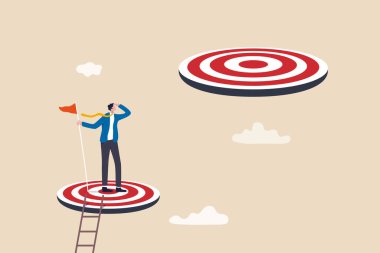 Challenge achievement or higher target, the way forward or next level, bigger business goal or aspiration concept, success businessman climb up ladder reaching goal and looking for next bigger step. clipart