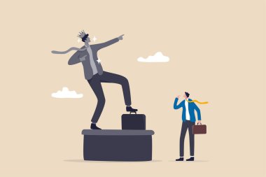 Ego, self important or self esteem, too much proud of yourself or overconfident, success or leadership history concept, businessman looking at his self success statue thinking of own Ego. clipart