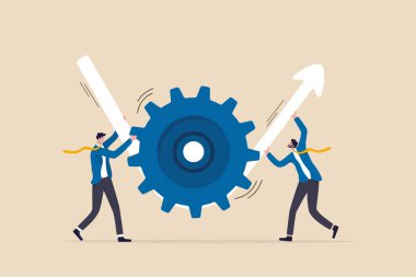 İş dönüşümü veya iyileştirme, üretkenliği ve verimliliği artırmak için yürütme iş akışı, yatırım kar kavramı, iş ortağı ok yükseltmek için dişli dişli dişli çarkını döndürmeye yardım eder.