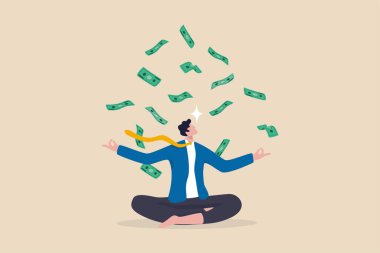 Para ya da finansal zihniyet, zengin olmak ya da büyüme geliri, başarı yatırımı ve tasarrufu ya da iş konsepti yetiştirme tutumu, düşüşte olan para banknotlarıyla meditasyon yapan sakin işadamı gelir