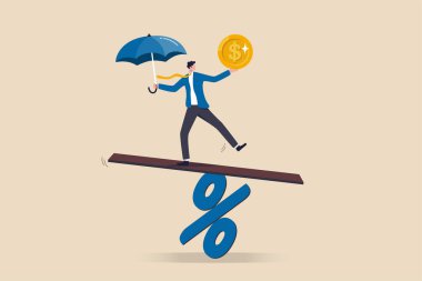 Merkez Bankası enflasyon veya faiz oranı için para politikası, kar ve zarar arasındaki denge, mali zorluk veya risk, ekonomik toparlanma kavramı, işadamı lideri yüzde işaretinde kendisini dengede tutuyor.