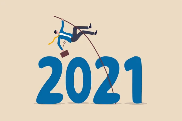 障害を克服するか ビジネス上の問題を解決することは難しい年2021を渡すために パンデミックは経済不況の概念を引き起こし 成功のビジネスマンポールボールトは年番号2021を飛び越える — ストックベクタ