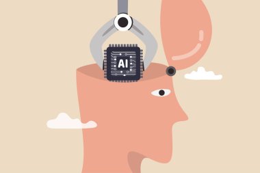 AI, Artificial Intelligence to think like human, machine learning technology to calculate and solve problem, robot and automation innovation concept, robot arm put AI processing chip into human brain. clipart