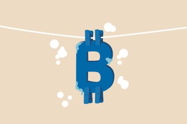 Bitcoin ve kripto para aklama veya kara borsada ödeme, mali suç veya cezai fidye ödeme konsepti olarak kullanılan, B alfabesini, Bitcoin sembolü olarak mandallarla kurutma.
