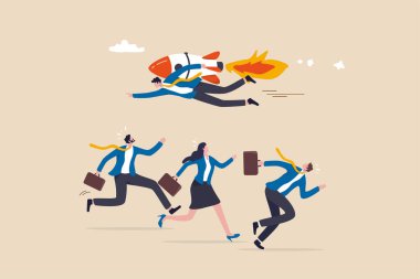 Oyun değiştirici, iş yarışmasını kazanmak için eşsiz bir yol, farklı olmak ve konsepti kazanmak için bir avantaj olarak yaratıcılık, diğer rakiplerin farklı yönlerine doğru roket jetpack ile uçan iş adamı.