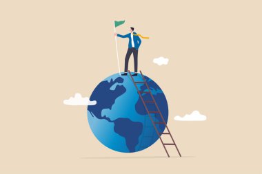 Winning world or global business success, international opportunity to grow and expand business, worldwide career development concept, success businessman climb up ladder holding winning flag on globe