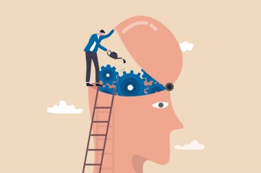 Brain maintenance, fixing emotional and mental problem, boost creativity and thinking process or improve motivation concept, man climb up ladder to fix and lubricate gear cogs on his brain head.