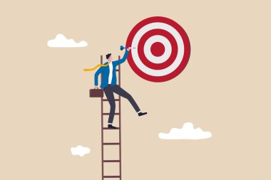 Success ladder, aspiration to achieve target, business goal or work purpose, aim for perfection concept, businessman climb up ladder high into the sky to aiming for perfect bullseye target dartboard.