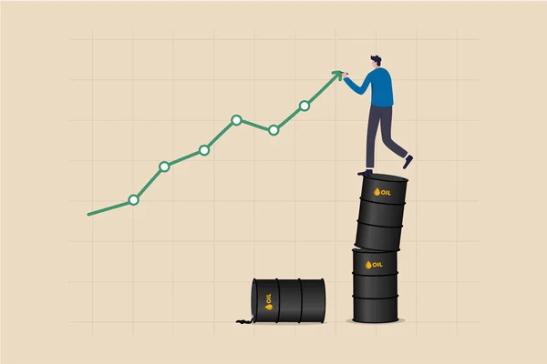 石油価格の上昇 危機後の原油商品価格の上昇 需要の高さまたはエネルギーやガソリン業界の概念 石油ガロンのスタック上に立っている実業家のトレーダーは グラフを引き上げ — ストックベクタ