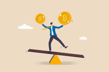 Bitcoin veya kripto para ile yatırım portföyü, alım-satım, kripto piyasa değeri konsepti, iş adamı yatırımcı veya para ve bitcoin ile ticari denge portföyü.
