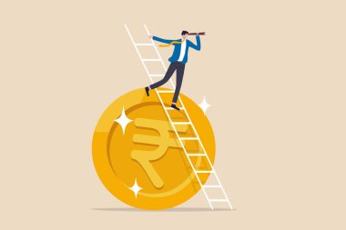 Hindistan ekonomik veya finansal vizyonu, yatırım ve borsa tahmini veya ticari kar kavramı, akıllı işadamı Hindistan Rupisi parasına teleskopla tırmanıyor vizyon arıyor.