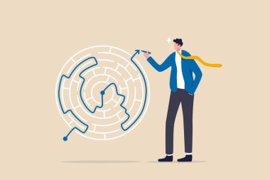 İş sorunları, yetenek ve zekanın üstesinden gelmek için çözüm, liderlik kavramı için mücadele, akıllı iş adamı labirent sorununu çözmek için çözüm gösteren çizgiyi çekti.