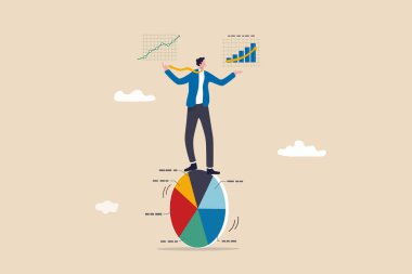 Analitik araştırma ile yürütülen veriler, kullanıcı ya da müşteri davranışlarına dayalı reklamlar optimizasyon, satışları iyileştirmek için istatistikler, akıllı işadamı dengesi ve elinde analitik verilerle kontrol pasta tablosu.