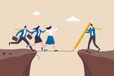 Çalışanların ilerleme ve iş hedefine ulaşmasına yardım etmek, engellerin üstesinden gelmek için liderlik çözümü, iş adamı yöneticisinin ekip üyelerinin uçurumu geçmesine yardımcı olmak için köprü olarak çizdiği.