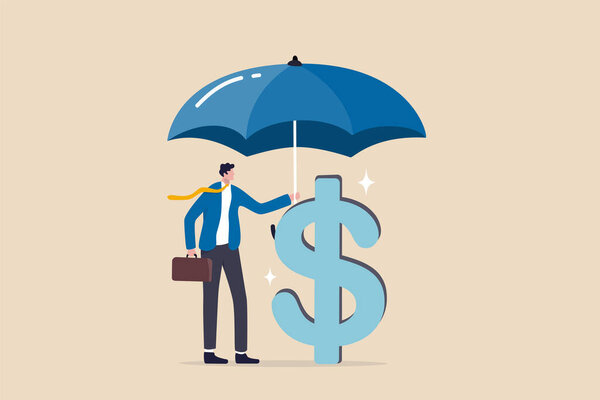 Income protection insurance, protect money or investment wealth, secure savings in economic crisis concept, confidence businessman holding big umbrella covered dollar sign money.
