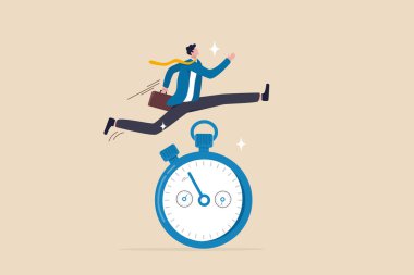 Sense of urgency, quick response attitude to get work done as soon as possible now, reaction to priority task or important concept, fast businessman running and jump high over countdown timer clock. clipart