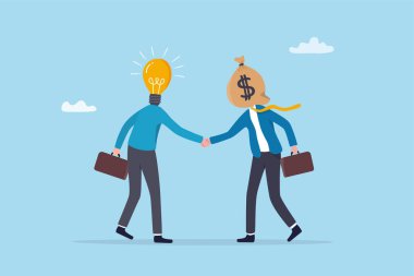 Girişim sermayesi, satış fonu, para desteği yatırımı veya ortaklık, fırsatlar için sponsorluk desteği, fikir ve para çantası fonuyla iş adamı tokalaşması.