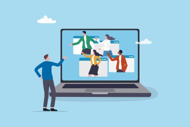 Çevrimiçi toplantı görüşmesi, ekip görüntülü sohbet monitörü, seminer ya da uzaktan görüşme, personel toplantısı sanal konuşma, iş arkadaşlarıyla çevrimiçi video konferansı.