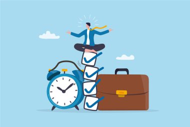 İşi son teslim tarihi, hasta ya da rutin olarak tamamlamak için öz disiplin, başarı için zihniyet ya da motivasyon, iş adamı alarm saati ile bitiş listesi üzerinde meditasyon yapar.