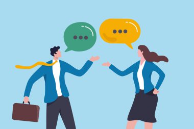 Conversation dialogue, argument or negotiation at work, talk or communicate to colleagues, discussion message, social community concept, businessman having conversation with businesswoman colleague.