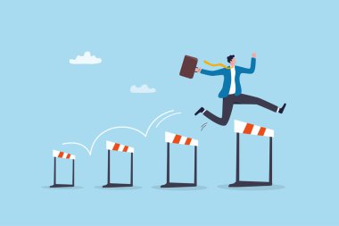 Girişimci engel engelini aştı, iş engelini aştı, sorun çözme hırsı veya çözümü, kararlılık veya lider, iş adamı engellerin üzerinden atladı.