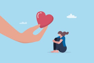 Empati desteği ya da şefkat, anlayış veya şefkat, insanları anlamak veya vermek ve sevmek, çalışanlar ya da iş arkadaşları, sempati ya da güven konsepti, depresif üzgün kadına şefkat eli.