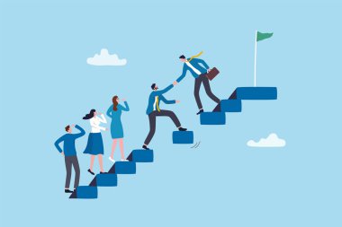 Takım başarısı, motivasyon ya da hedefe ulaşmak için işbirliği, hedefe ulaşmak için mücadelenin üstesinden gelmek için lider desteği ya da yardım, iş adamı yöneticileri hedefe ulaşmak için merdivenleri tırmanmak için yardım ekibi.