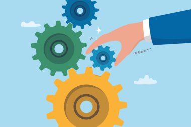 Problemi çözmek için çözüm veya liderlik, teknik sorunu çözmek için ekibe yardım, tamir veya onarım çabası, uzmanlık veya yenilik süreci, işadamı elleri teknik sorunu çözmek için dişli dişli dişli taktı.