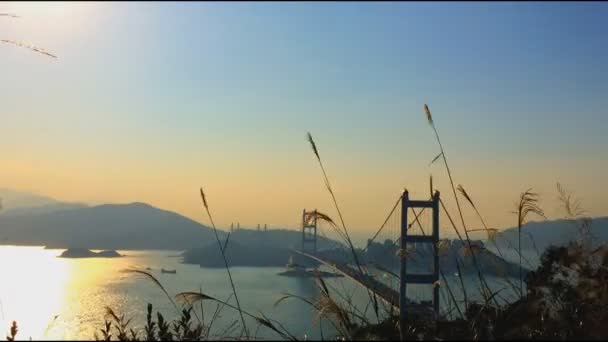 青馬大橋夏 - 青馬大橋での時間の経過は、Hong Kong の橋です。それは世界の第 7 最も長いスパンの吊り橋. — ストック動画