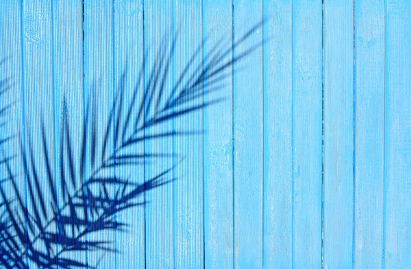 La sombra de la rama de la palma sobre una superficie de madera azul —  Fotos de Stock