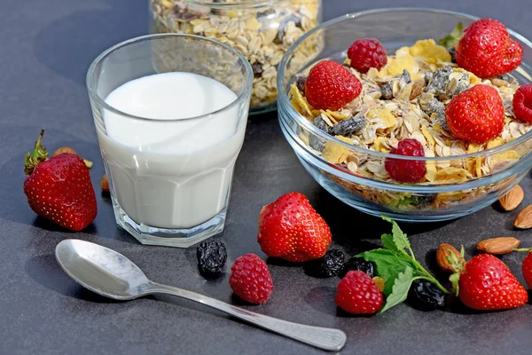 与牛奶、 坚果和浆果在深色背景上的早餐麦片 — 图库照片